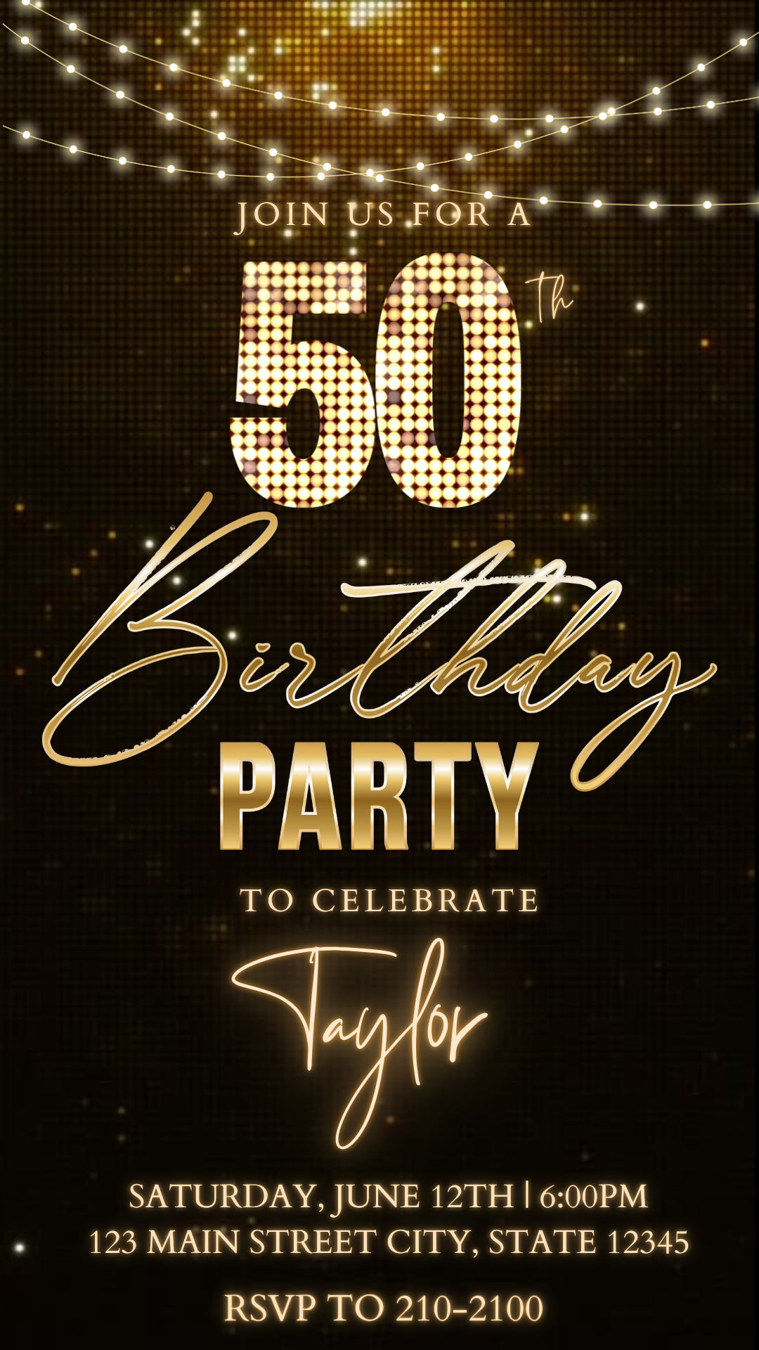Editable black gold champagne 50th birthday video invitation displayed on a mobile phone, featuring an animated vertical digital invite with music, created in Canva. This premium video invitation template is designed for sharing by text, email, and social media and works with an interactive RSVP website for easy guest response tracking.