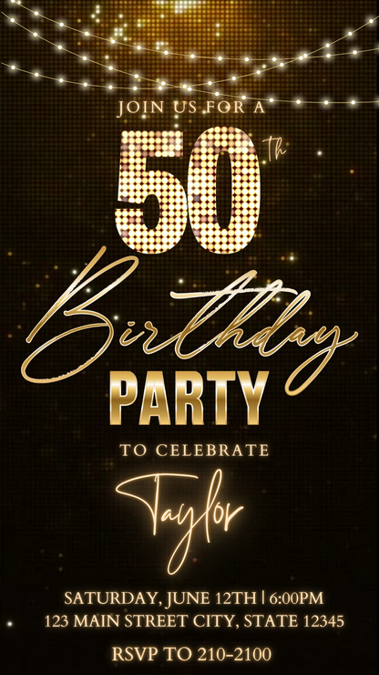 Editable black gold champagne 50th birthday video invitation displayed on a mobile phone, featuring an animated vertical digital invite with music, created in Canva. This premium video invitation template is designed for sharing by text, email, and social media and works with an interactive RSVP website for easy guest response tracking.