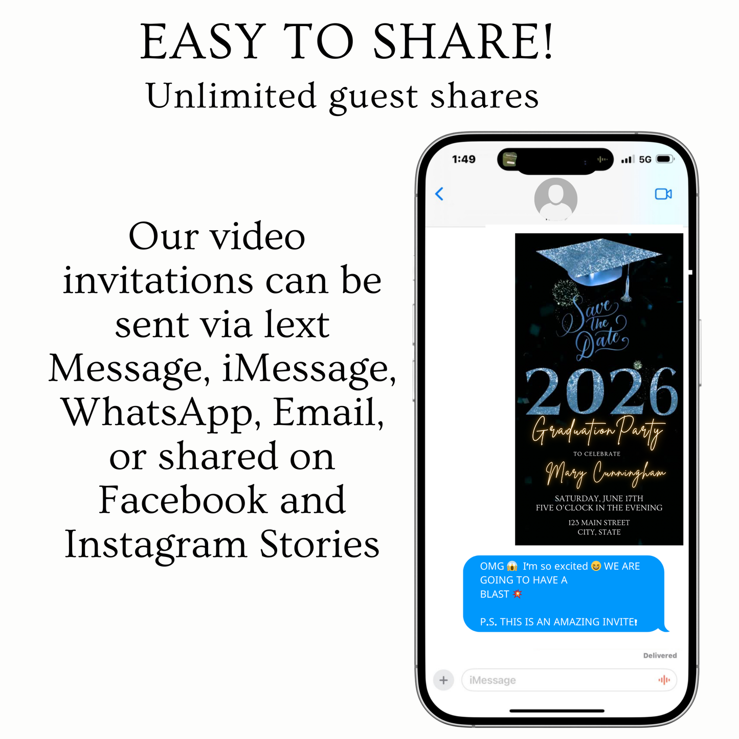 Blue Graduation Party Video Invitation | Class of 2026 Photo Invite | Editable Online RSVP Evite Canva Template