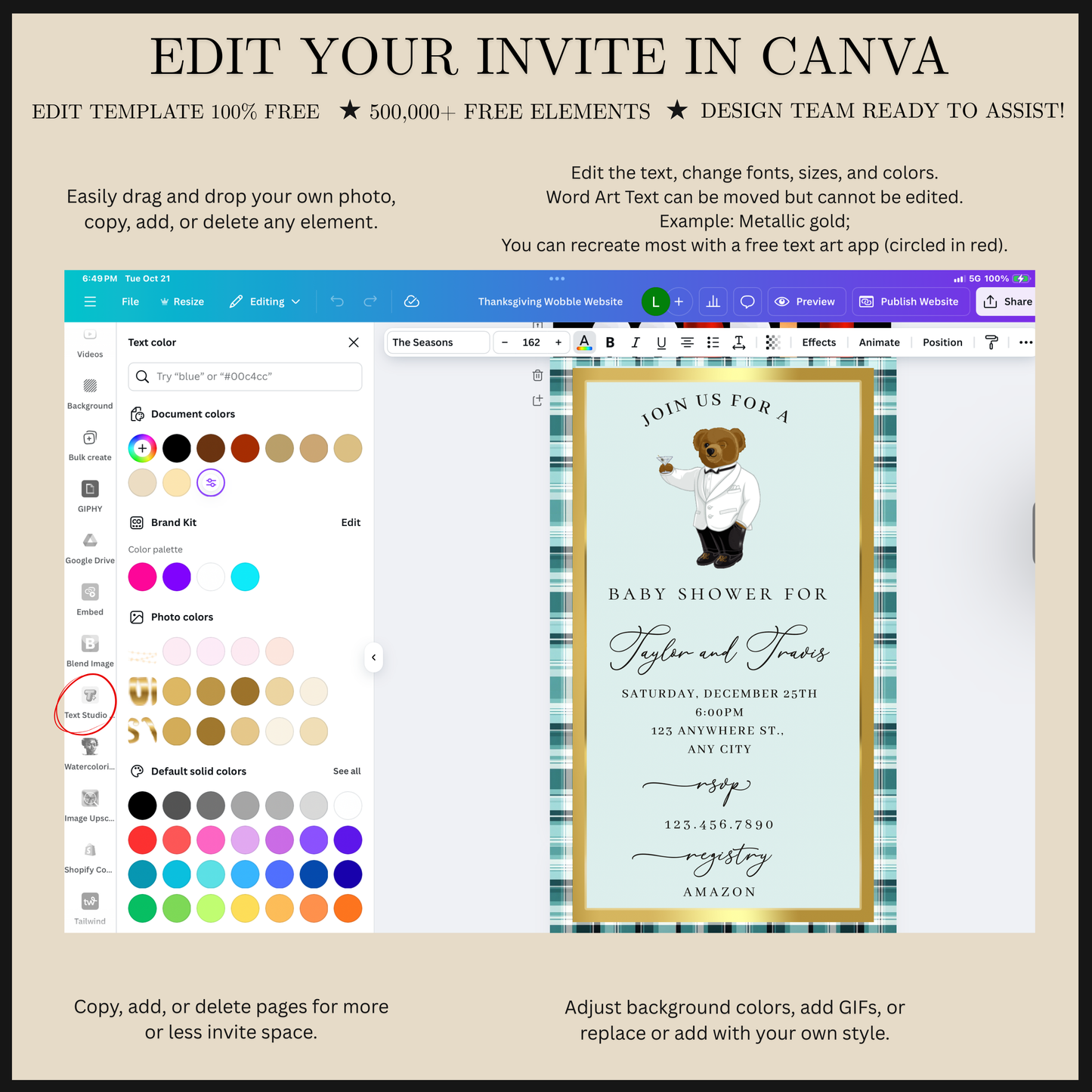 Polo Bear Baby Shower Video Invitation | Digital Tiffany Blue Plaid Invite | Editable Canva Template
