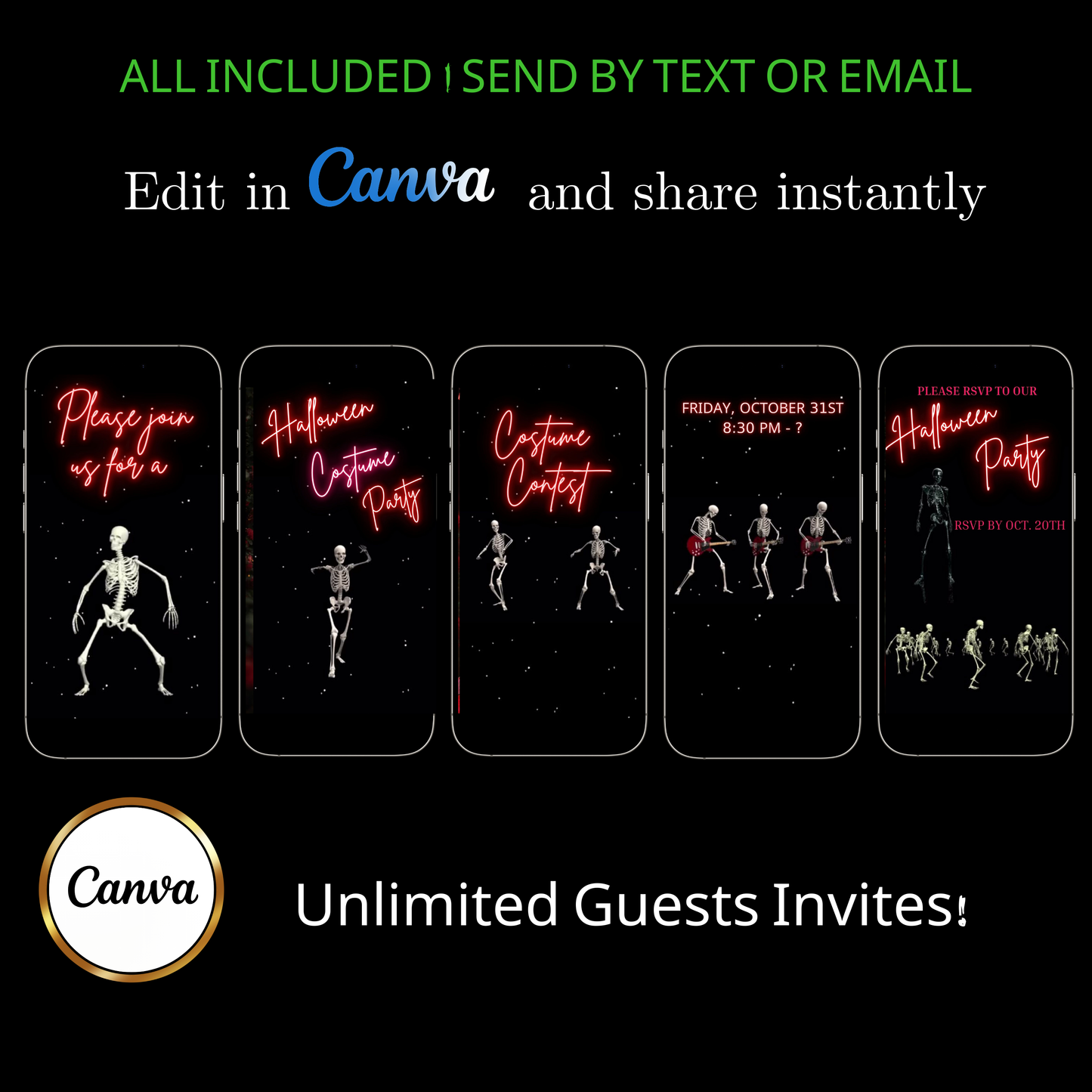 Editable neon skeleton halloween costume party party video invitation displayed on a mobile phone, featuring an animated vertical digital invite with music, created in Canva. This premium video invitation template is designed for sharing by text, email, and social media and works with an interactive RSVP website for easy guest response tracking.