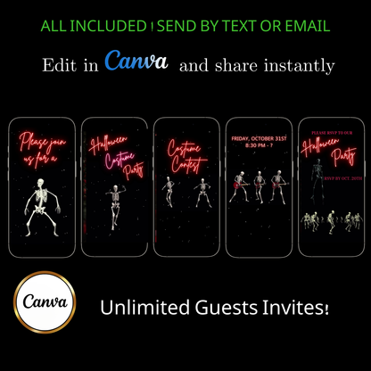 Editable neon skeleton halloween costume party party video invitation displayed on a mobile phone, featuring an animated vertical digital invite with music, created in Canva. This premium video invitation template is designed for sharing by text, email, and social media and works with an interactive RSVP website for easy guest response tracking.
