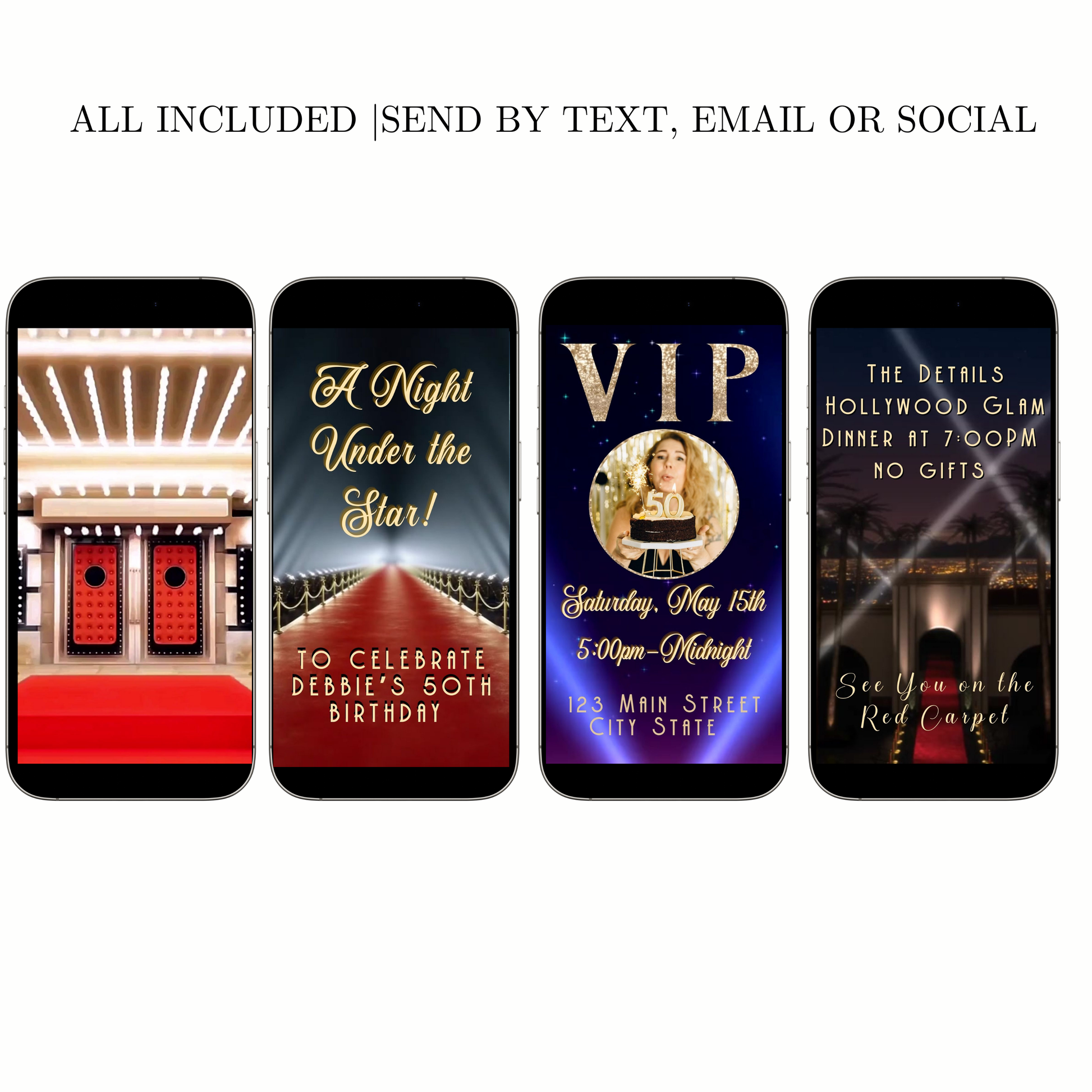 Editable hollywood red carpet 50th birthday birthday video invitation displayed on a mobile phone, featuring an animated vertical digital invite with music, created in Canva. This premium video invitation template is designed for sharing by text, email, and social media and works with an interactive RSVP website for easy guest response tracking.