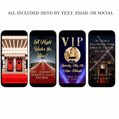 Editable hollywood red carpet 50th birthday birthday video invitation displayed on a mobile phone, featuring an animated vertical digital invite with music, created in Canva. This premium video invitation template is designed for sharing by text, email, and social media and works with an interactive RSVP website for easy guest response tracking.