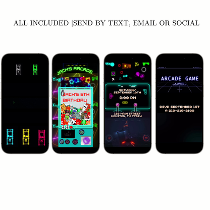 Editable arcade video game 6th birthday birthday video invitation displayed on a mobile phone, featuring an animated vertical digital invite with music, created in Canva. This premium video invitation template is designed for sharing by text, email, and social media and works with an interactive RSVP website for easy guest response tracking.
