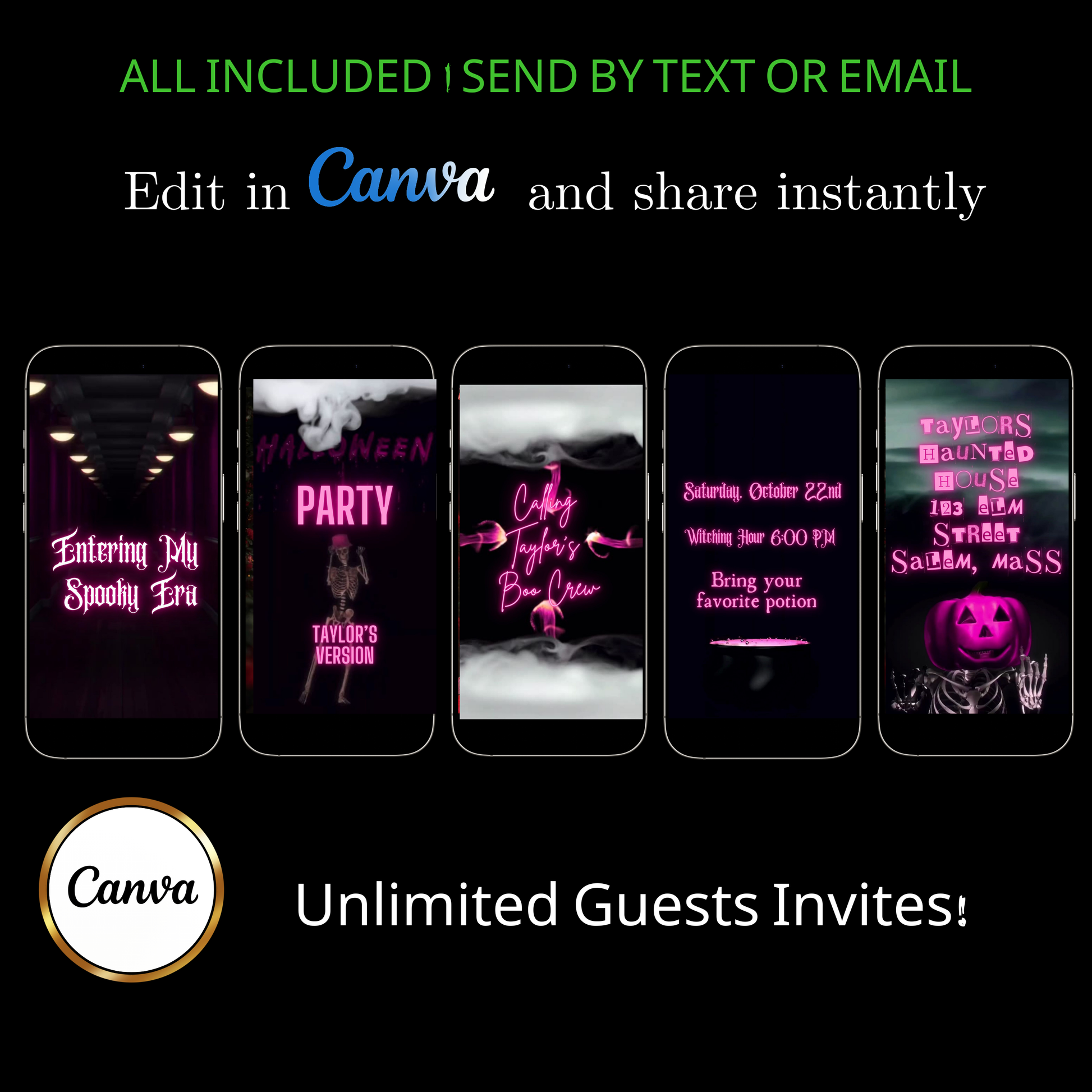 Editable halloween era party party video invitation displayed on a mobile phone, featuring an animated vertical digital invite with music, created in Canva. This premium video invitation template is designed for sharing by text, email, and social media and works with an interactive RSVP website for easy guest response tracking.