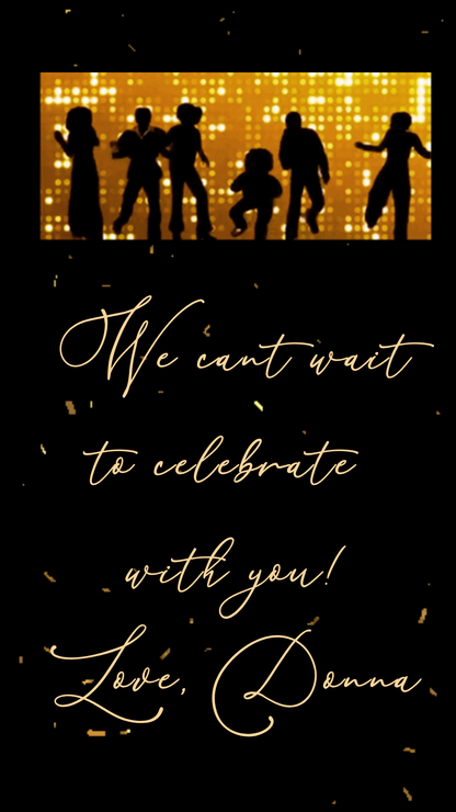 Gold Disco Birthday Party Video Invitation – 70s Glam Dance Night Evite Vertical 1080x1920