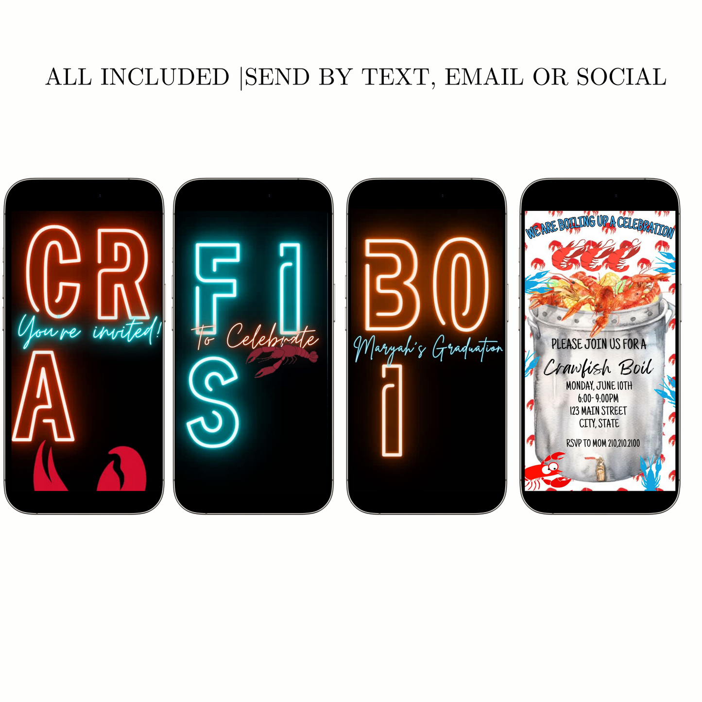 Editable crawfish boil party party video invitation displayed on a mobile phone, featuring an animated vertical digital invite with music, created in Canva. This premium video invitation template is designed for sharing by text, email, and social media and works with an interactive RSVP website for easy guest response tracking.
