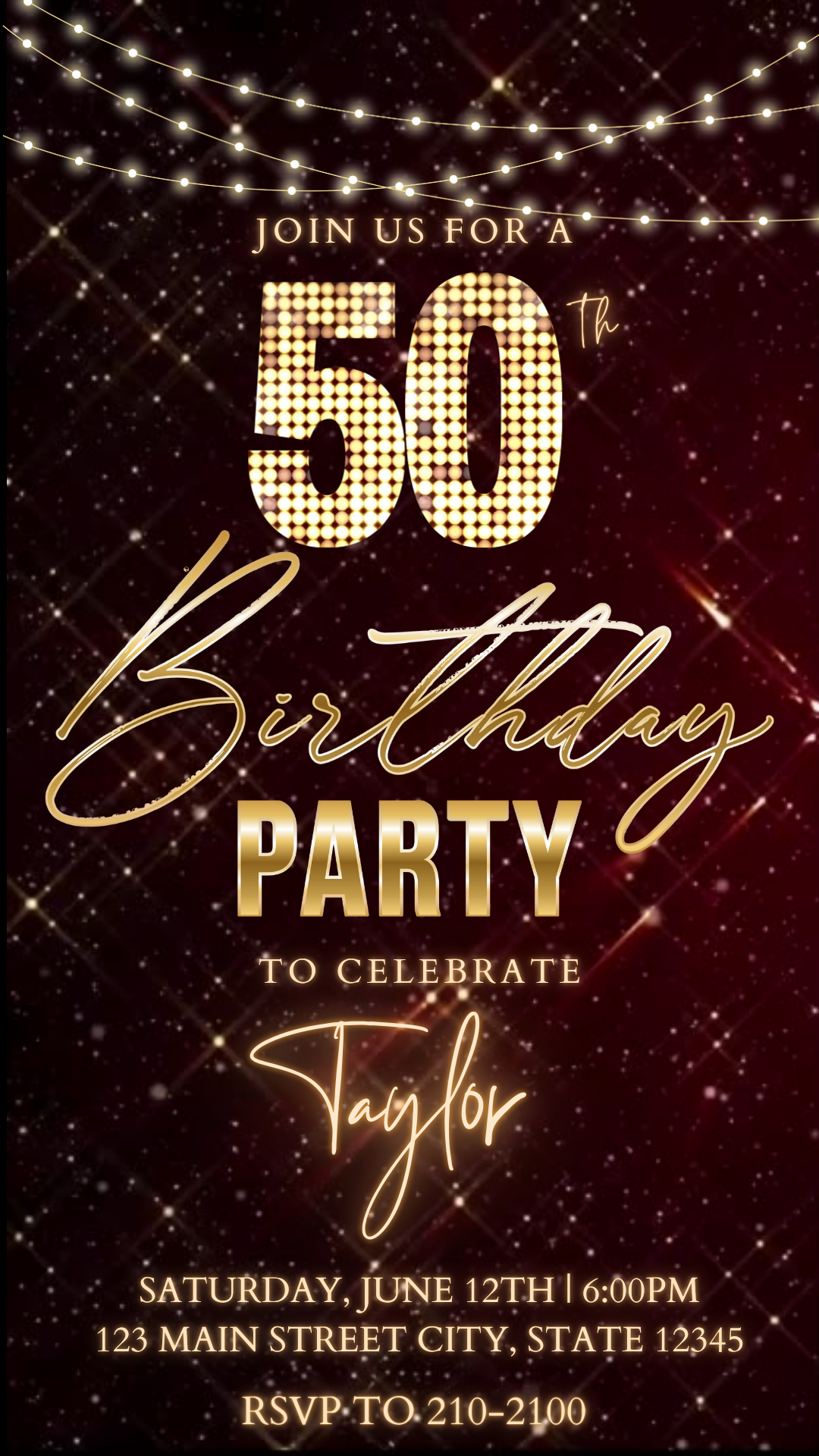Editable hollywood red carpet 50th birthday video invitation displayed on a mobile phone, featuring an animated vertical digital invite with music, created in Canva. This premium video invitation template is designed for sharing by text, email, and social media and works with an interactive RSVP website for easy guest response tracking.