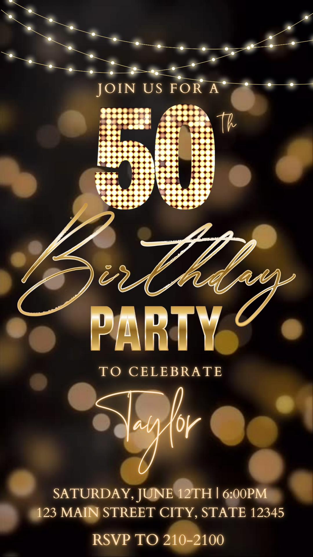 Editable blue gold starry 50th birthday video invitation displayed on a mobile phone, featuring an animated vertical digital invite with music, created in Canva. This premium video invitation template is designed for sharing by text, email, and social media and works with an interactive RSVP website for easy guest response tracking.