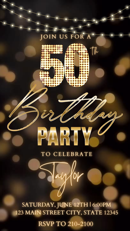 Editable blue gold starry 50th birthday video invitation displayed on a mobile phone, featuring an animated vertical digital invite with music, created in Canva. This premium video invitation template is designed for sharing by text, email, and social media and works with an interactive RSVP website for easy guest response tracking.