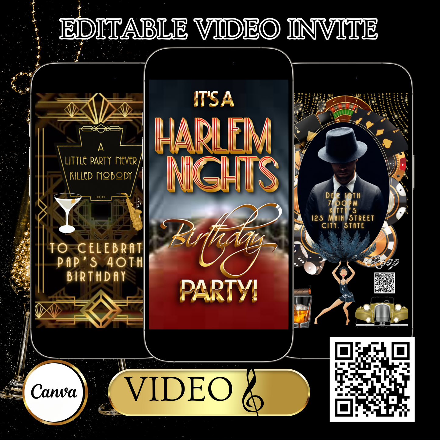 Harlem Nights Video-Einladung | Digitale Great Gatsby-Einladung | Bearbeitbare Canva-Partyvorlage