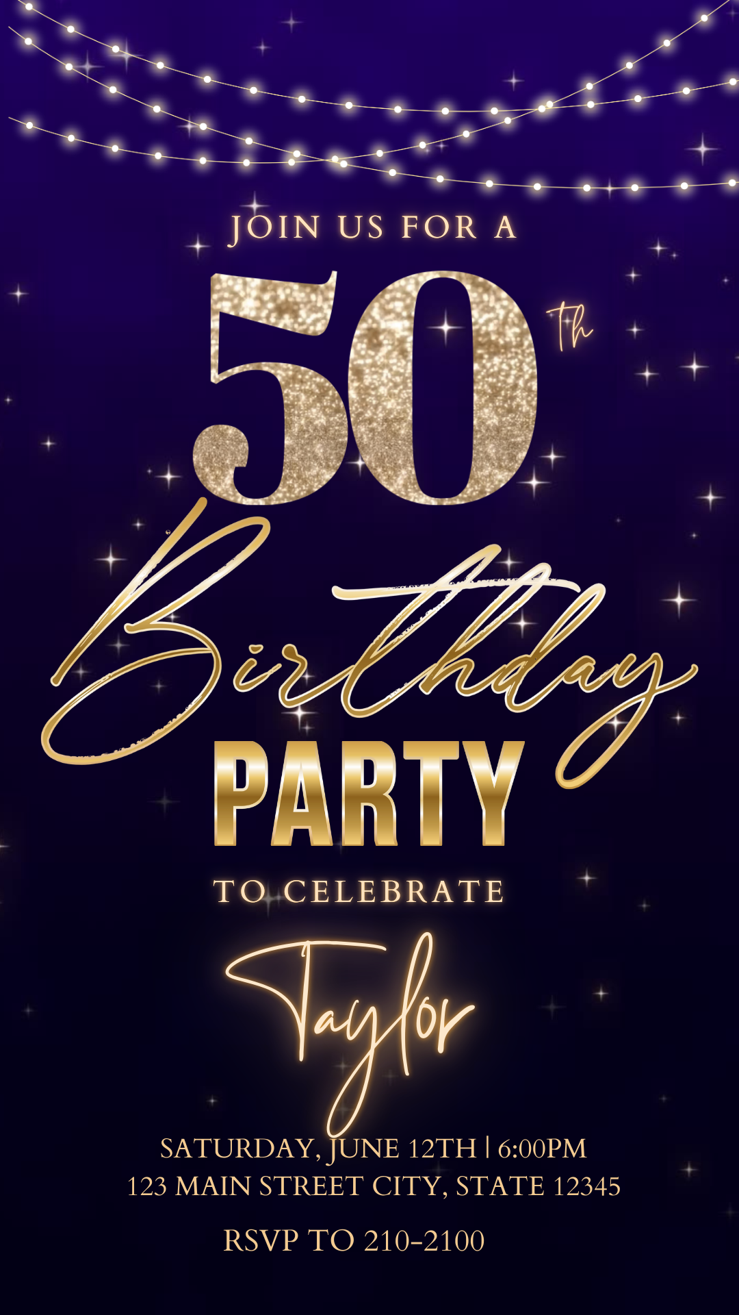 Editable purple gold glam 50th birthday video invitation displayed on a mobile phone, featuring an animated vertical digital invite with music, created in Canva. This premium video invitation template is designed for sharing by text, email, and social media and works with an interactive RSVP website for easy guest response tracking.