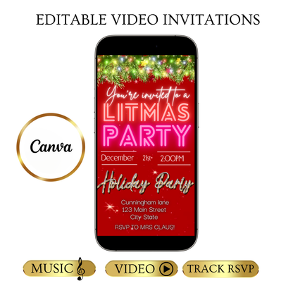 Editable Christmas Video Invitation | Animated Litmas Digital Evite | Editable Canva Invite Template