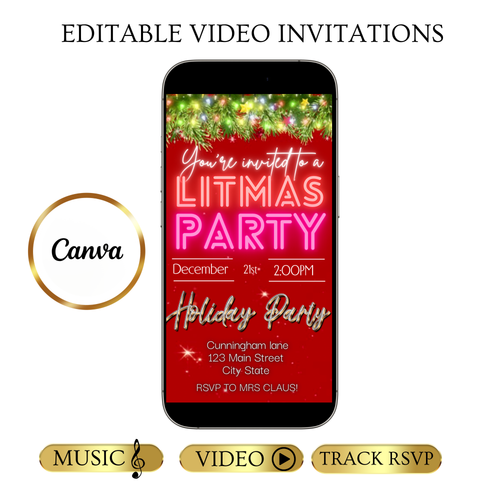 Editable Christmas Video Invitation | Animated Litmas Digital Evite | Editable Canva Invite Template