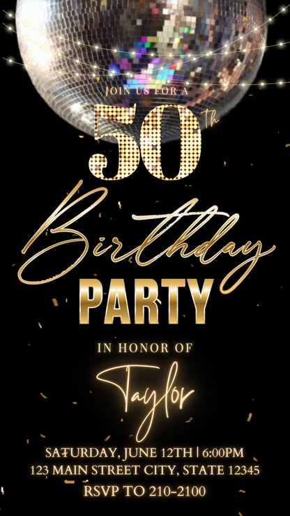 Editable black gold elegant 50th birthday video invitation displayed on a mobile phone, featuring an animated vertical digital invite with music, created in Canva. This premium video invitation template is designed for sharing by text, email, and social media and works with an interactive RSVP website for easy guest response tracking.