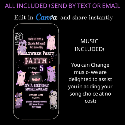 Halloween Video Invitation | Pink Ghost Animated Editable Halloween Party Mobile Evite