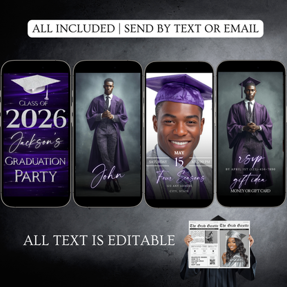 Graduation Party Video Invitation | Class of 2026 Purple and Silver Invite for Him | Editable Online RSVP Evite Canva Template