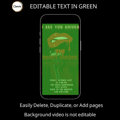 Halloween-Videoeinladung, animierte Einladung zur Rocky Horror Picture Show, bearbeitbare mobile Halloween-Party-Einladung