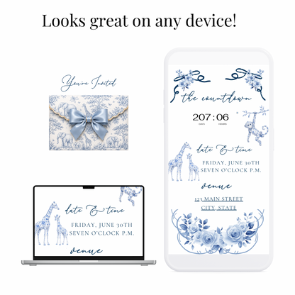 Toile de Jouy Safari Baby Shower Website Invitation Template | Editable Canva RSVP Website
