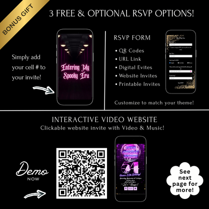 Editable halloween era party party video invitation displayed on a mobile phone, featuring an animated vertical digital invite with music, created in Canva. This premium video invitation template is designed for sharing by text, email, and social media and works with an interactive RSVP website for easy guest response tracking.