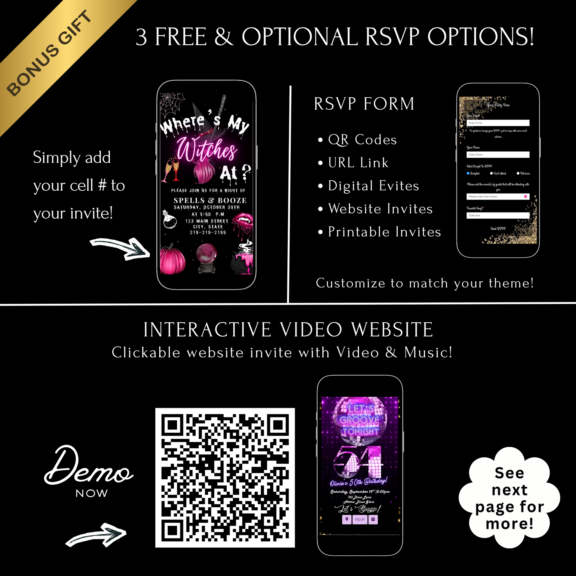 Editable pink witches halloween party party video invitation displayed on a mobile phone, featuring an animated vertical digital invite with music, created in Canva. This premium video invitation template is designed for sharing by text, email, and social media and works with an interactive RSVP website for easy guest response tracking.