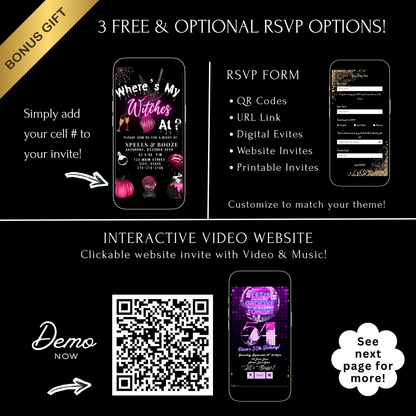 Editable pink witches halloween party party video invitation displayed on a mobile phone, featuring an animated vertical digital invite with music, created in Canva. This premium video invitation template is designed for sharing by text, email, and social media and works with an interactive RSVP website for easy guest response tracking.