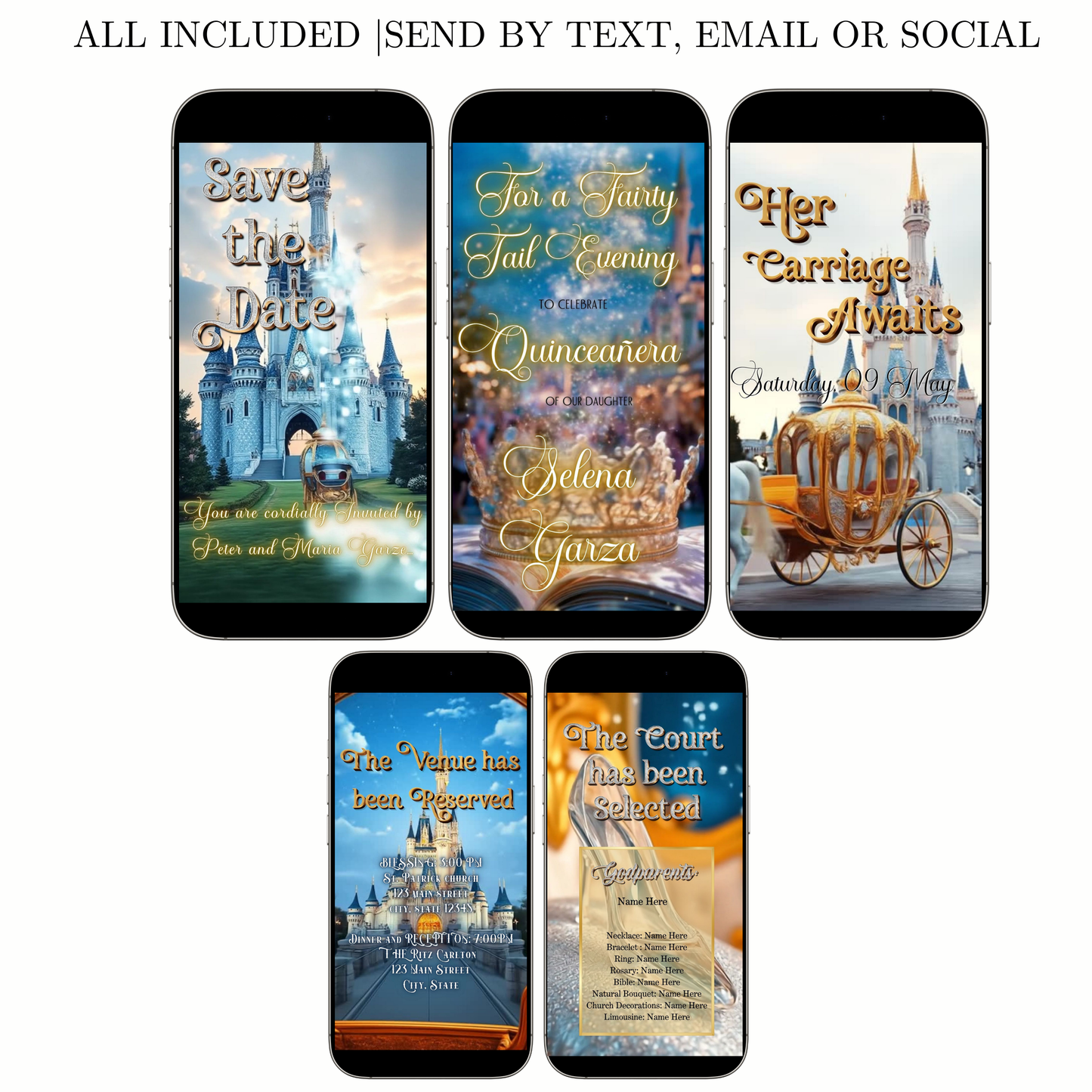 Editable cinderella fairytale quinceañera event video invitation displayed on a mobile phone, featuring an animated vertical digital invite with music, created in Canva. This premium video invitation template is designed for sharing by text, email, and social media and works with an interactive RSVP website for easy guest response tracking.
