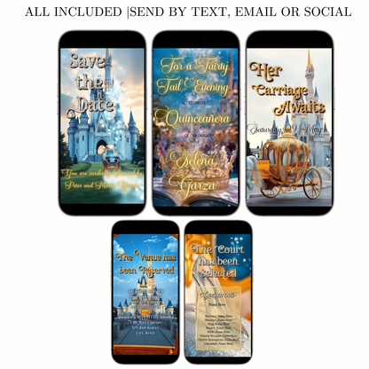 Editable cinderella fairytale quinceañera event video invitation displayed on a mobile phone, featuring an animated vertical digital invite with music, created in Canva. This premium video invitation template is designed for sharing by text, email, and social media and works with an interactive RSVP website for easy guest response tracking.
