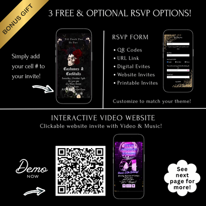 Editable gothic halloween wedding party wedding video invitation displayed on a mobile phone, featuring an animated vertical digital invite with music, created in Canva. This premium video invitation template is designed for sharing by text, email, and social media and works with an interactive RSVP website for easy guest response tracking.