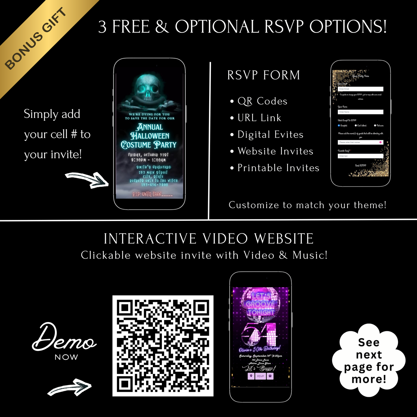 Editable spooky halloween costume party party video invitation displayed on a mobile phone, featuring an animated vertical digital invite with music, created in Canva. This premium video invitation template is designed for sharing by text, email, and social media and works with an interactive RSVP website for easy guest response tracking.