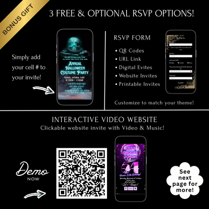 Editable spooky halloween costume party party video invitation displayed on a mobile phone, featuring an animated vertical digital invite with music, created in Canva. This premium video invitation template is designed for sharing by text, email, and social media and works with an interactive RSVP website for easy guest response tracking.