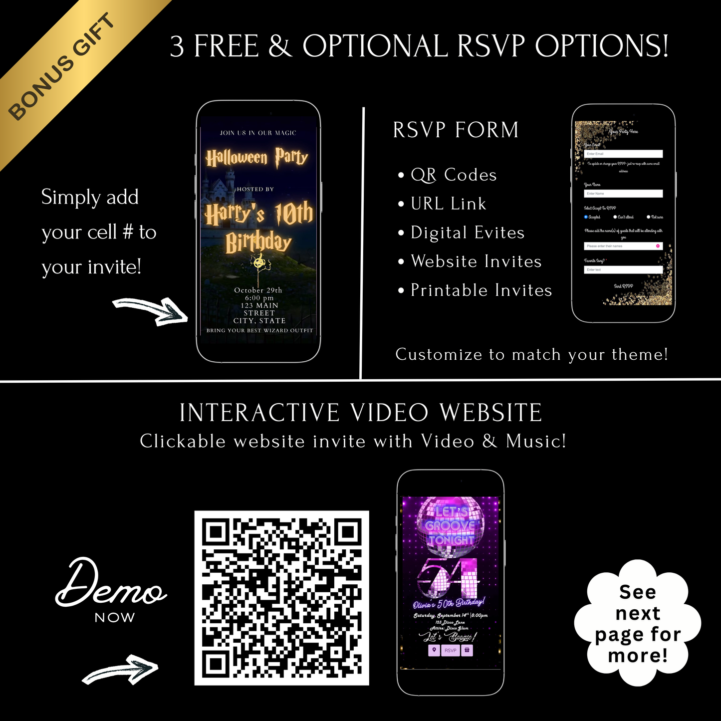 Editable wizard halloween birthday birthday video invitation displayed on a mobile phone, featuring an animated vertical digital invite with music, created in Canva. This premium video invitation template is designed for sharing by text, email, and social media and works with an interactive RSVP website for easy guest response tracking.