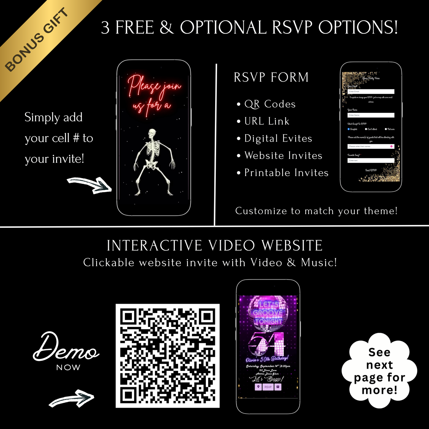 Editable neon skeleton halloween costume party party video invitation displayed on a mobile phone, featuring an animated vertical digital invite with music, created in Canva. This premium video invitation template is designed for sharing by text, email, and social media and works with an interactive RSVP website for easy guest response tracking.