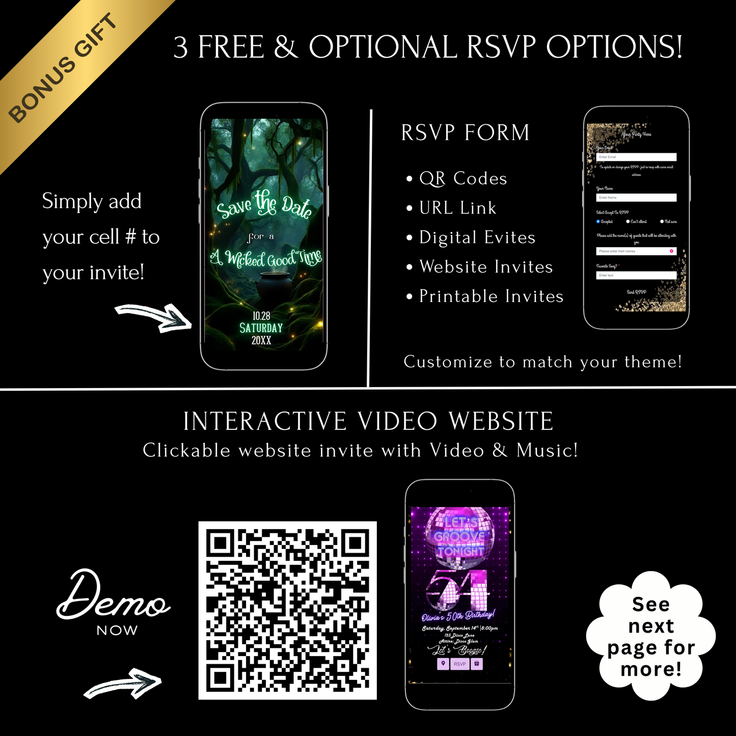 Editable abracadabra halloween party party video invitation displayed on a mobile phone, featuring an animated vertical digital invite with music, created in Canva. This premium video invitation template is designed for sharing by text, email, and social media and works with an interactive RSVP website for easy guest response tracking.