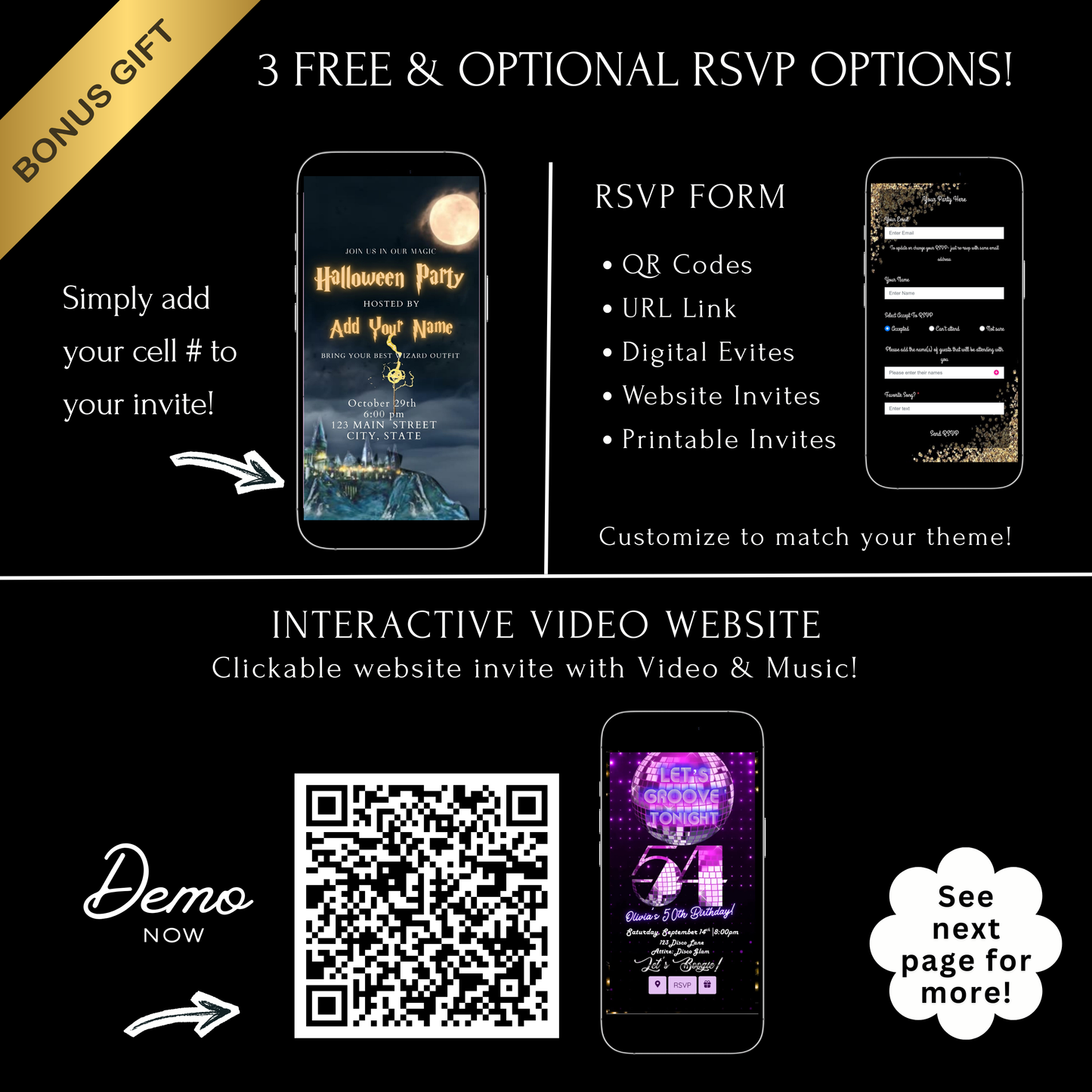 Editable wizard halloween party party video invitation displayed on a mobile phone, featuring an animated vertical digital invite with music, created in Canva. This premium video invitation template is designed for sharing by text, email, and social media and works with an interactive RSVP website for easy guest response tracking.