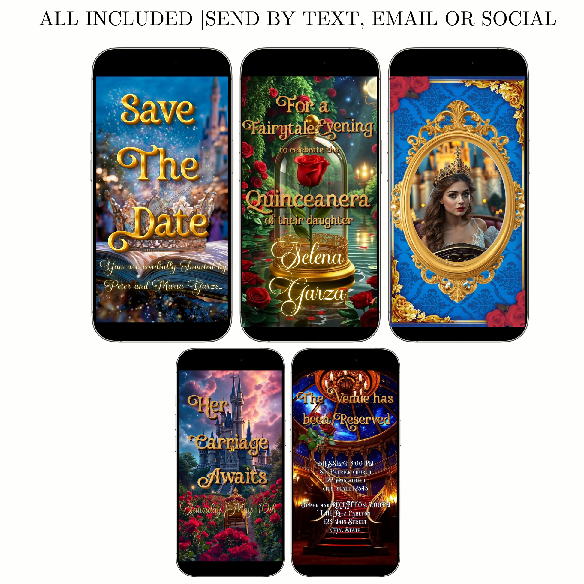 Editable beauty and the beast fairytale quinceañera event video invitation displayed on a mobile phone, featuring an animated vertical digital invite with music, created in Canva. This premium video invitation template is designed for sharing by text, email, and social media and works with an interactive RSVP website for easy guest response tracking.