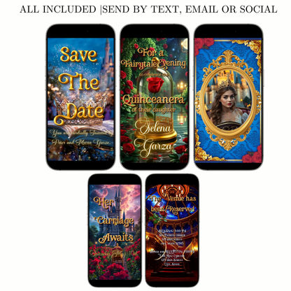 Editable beauty and the beast fairytale quinceañera event video invitation displayed on a mobile phone, featuring an animated vertical digital invite with music, created in Canva. This premium video invitation template is designed for sharing by text, email, and social media and works with an interactive RSVP website for easy guest response tracking.