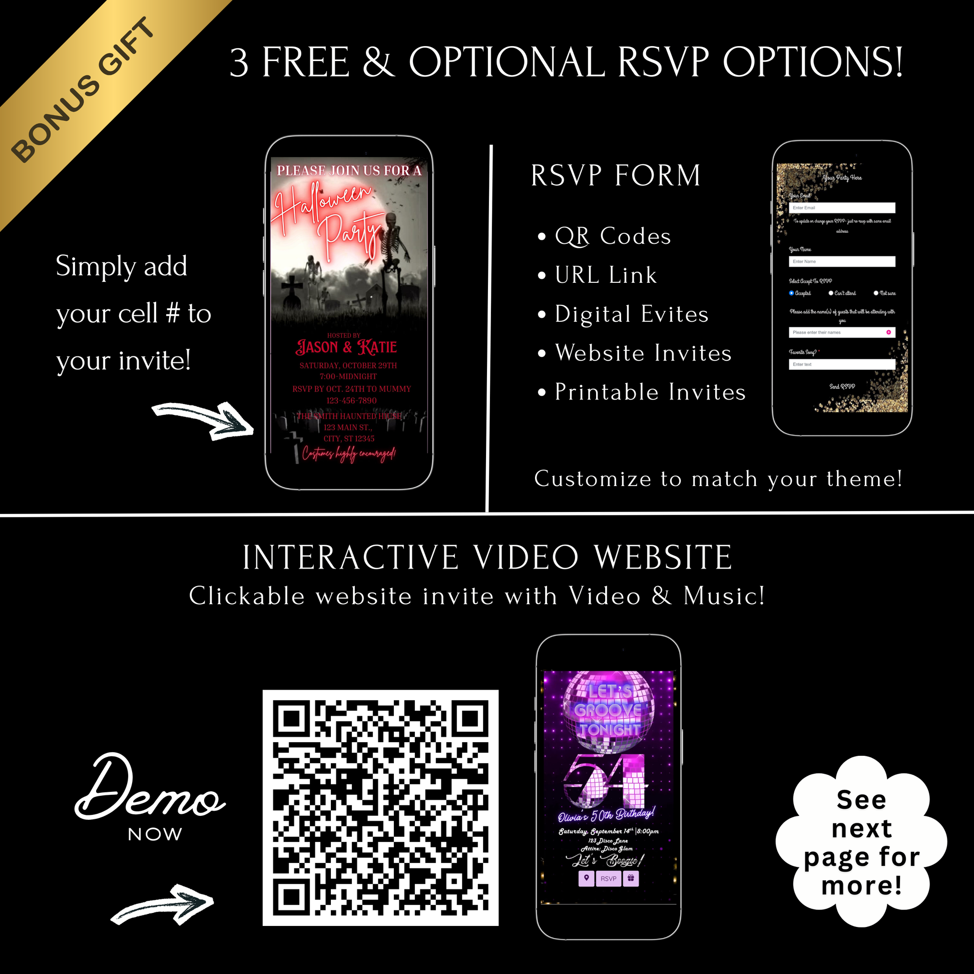 Editable graveyard halloween party party video invitation displayed on a mobile phone, featuring an animated vertical digital invite with music, created in Canva. This premium video invitation template is designed for sharing by text, email, and social media and works with an interactive RSVP website for easy guest response tracking.