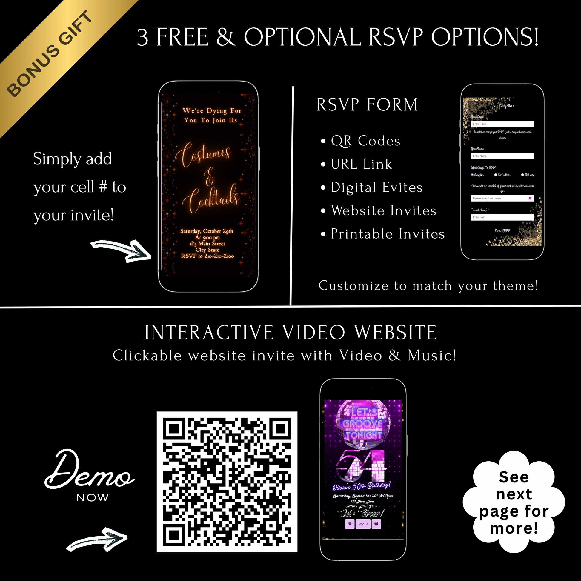 Editable sparkle halloween party party video invitation displayed on a mobile phone, featuring an animated vertical digital invite with music, created in Canva. This premium video invitation template is designed for sharing by text, email, and social media and works with an interactive RSVP website for easy guest response tracking.