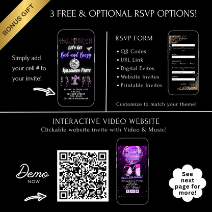 Editable neon boozy halloween party party video invitation displayed on a mobile phone, featuring an animated vertical digital invite with music, created in Canva. This premium video invitation template is designed for sharing by text, email, and social media and works with an interactive RSVP website for easy guest response tracking.