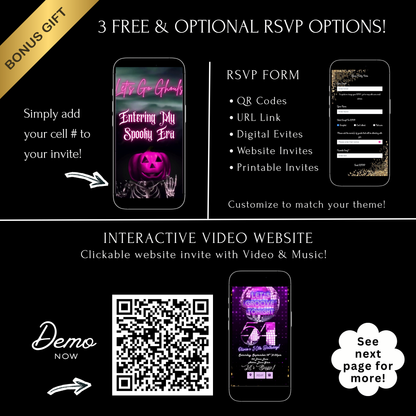 Editable pink spooky halloween party party video invitation displayed on a mobile phone, featuring an animated vertical digital invite with music, created in Canva. This premium video invitation template is designed for sharing by text, email, and social media and works with an interactive RSVP website for easy guest response tracking.