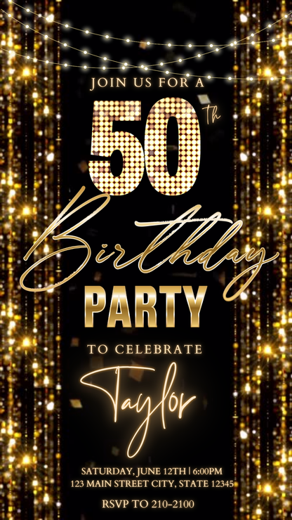 Editable emerald green gold sparkle 50th birthday video invitation displayed on a mobile phone, featuring an animated vertical digital invite with music, created in Canva. This premium video invitation template is designed for sharing by text, email, and social media and works with an interactive RSVP website for easy guest response tracking.