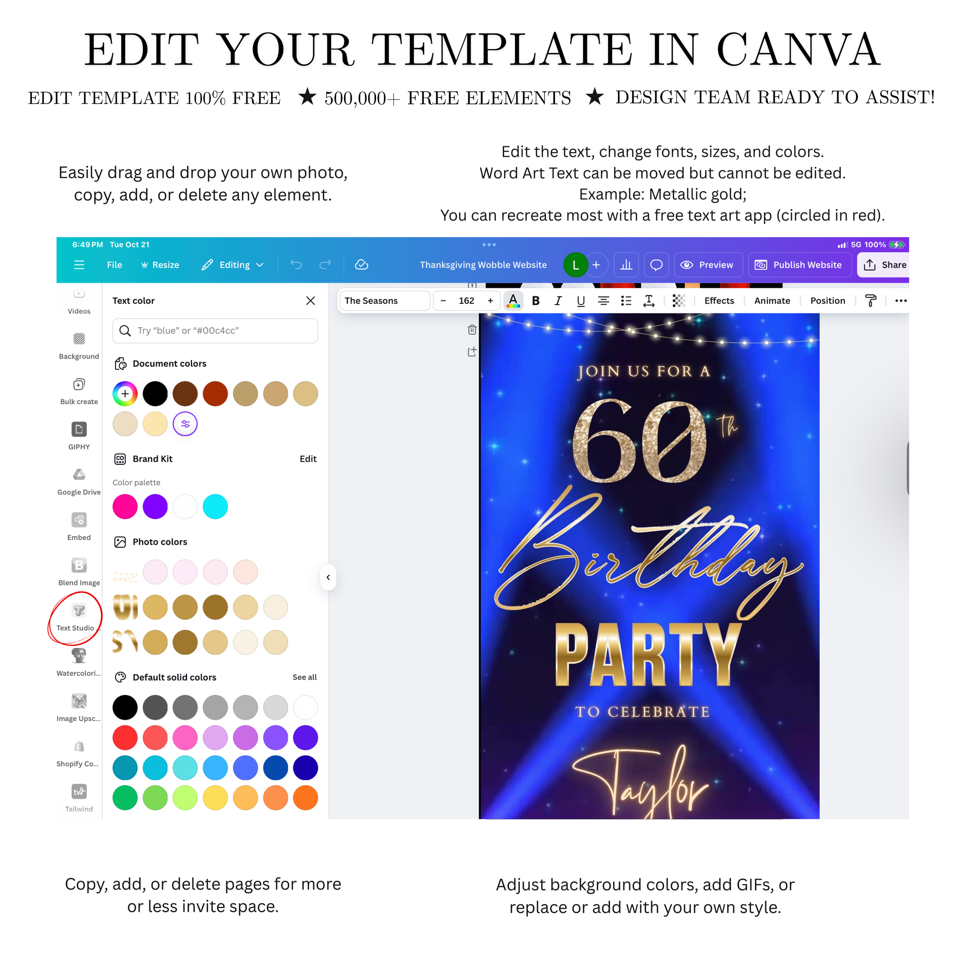 Editable blue purple spotlight 60th birthday birthday video invitation displayed on a mobile phone, featuring an animated vertical digital invite with music, created in Canva. This premium video invitation template is designed for sharing by text, email, and social media and works with an interactive RSVP website for easy guest response tracking.