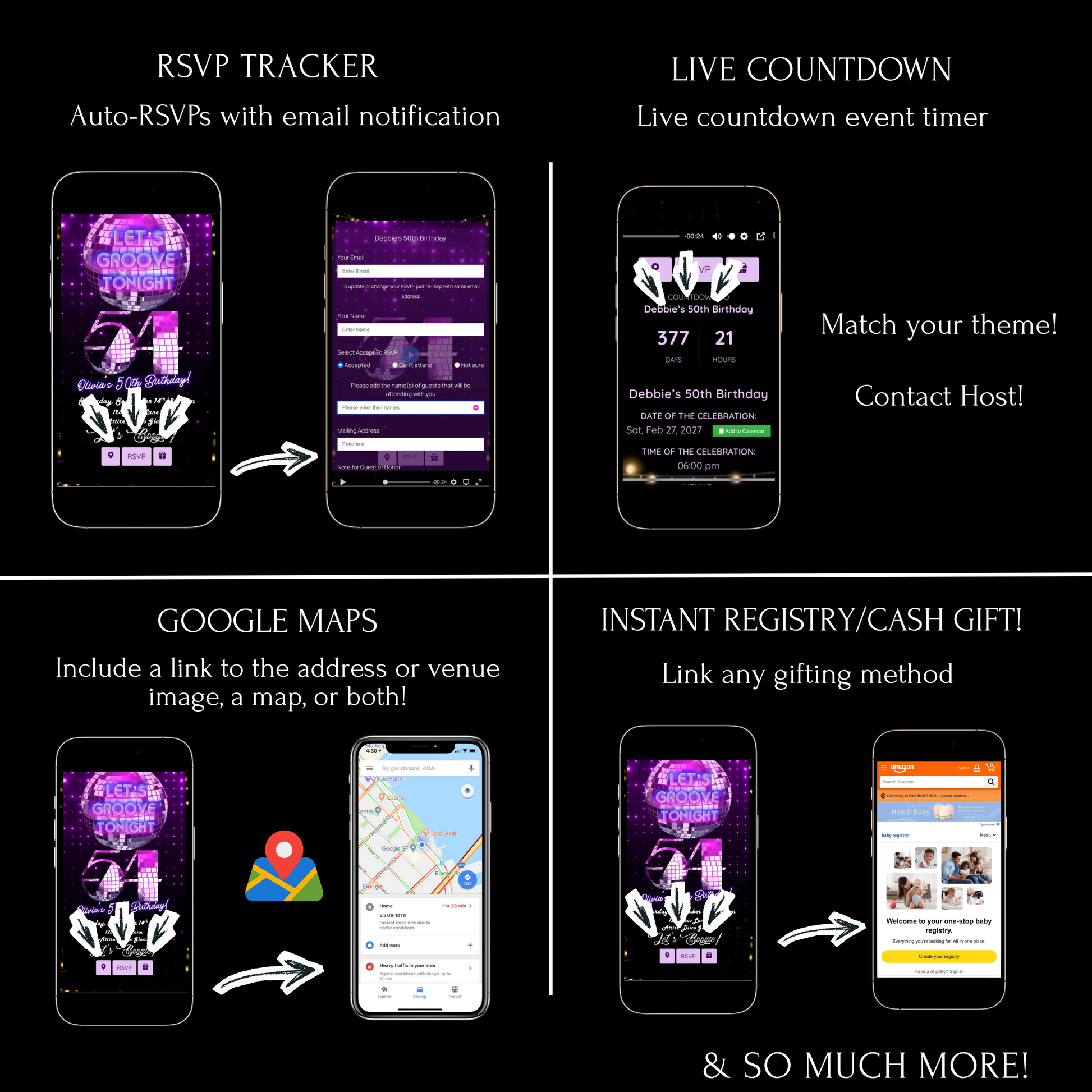 Editable pink witches halloween party party video invitation displayed on a mobile phone, featuring an animated vertical digital invite with music, created in Canva. This premium video invitation template is designed for sharing by text, email, and social media and works with an interactive RSVP website for easy guest response tracking.