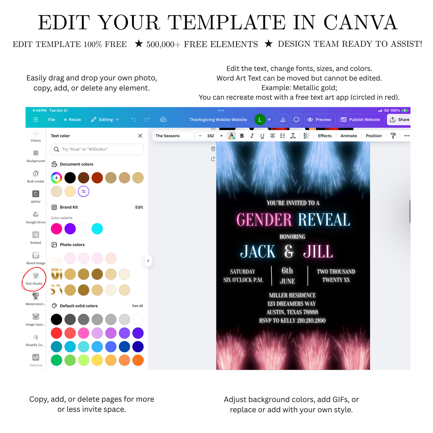 Editable fireworks gender reveal event video invitation displayed on a mobile phone, featuring an animated vertical digital invite with music, created in Canva. This premium video invitation template is designed for sharing by text, email, and social media and works with an interactive RSVP website for easy guest response tracking.