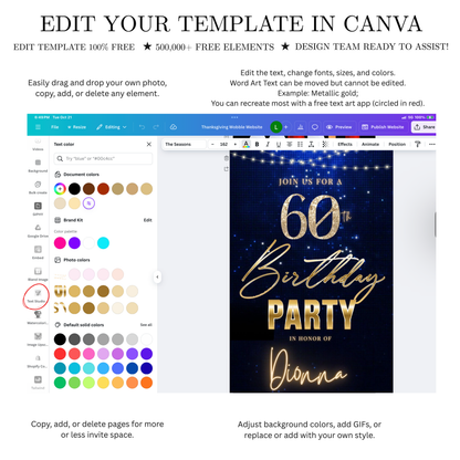 Editable royal blue gold elegant 60th birthday birthday video invitation displayed on a mobile phone, featuring an animated vertical digital invite with music, created in Canva. This premium video invitation template is designed for sharing by text, email, and social media and works with an interactive RSVP website for easy guest response tracking.