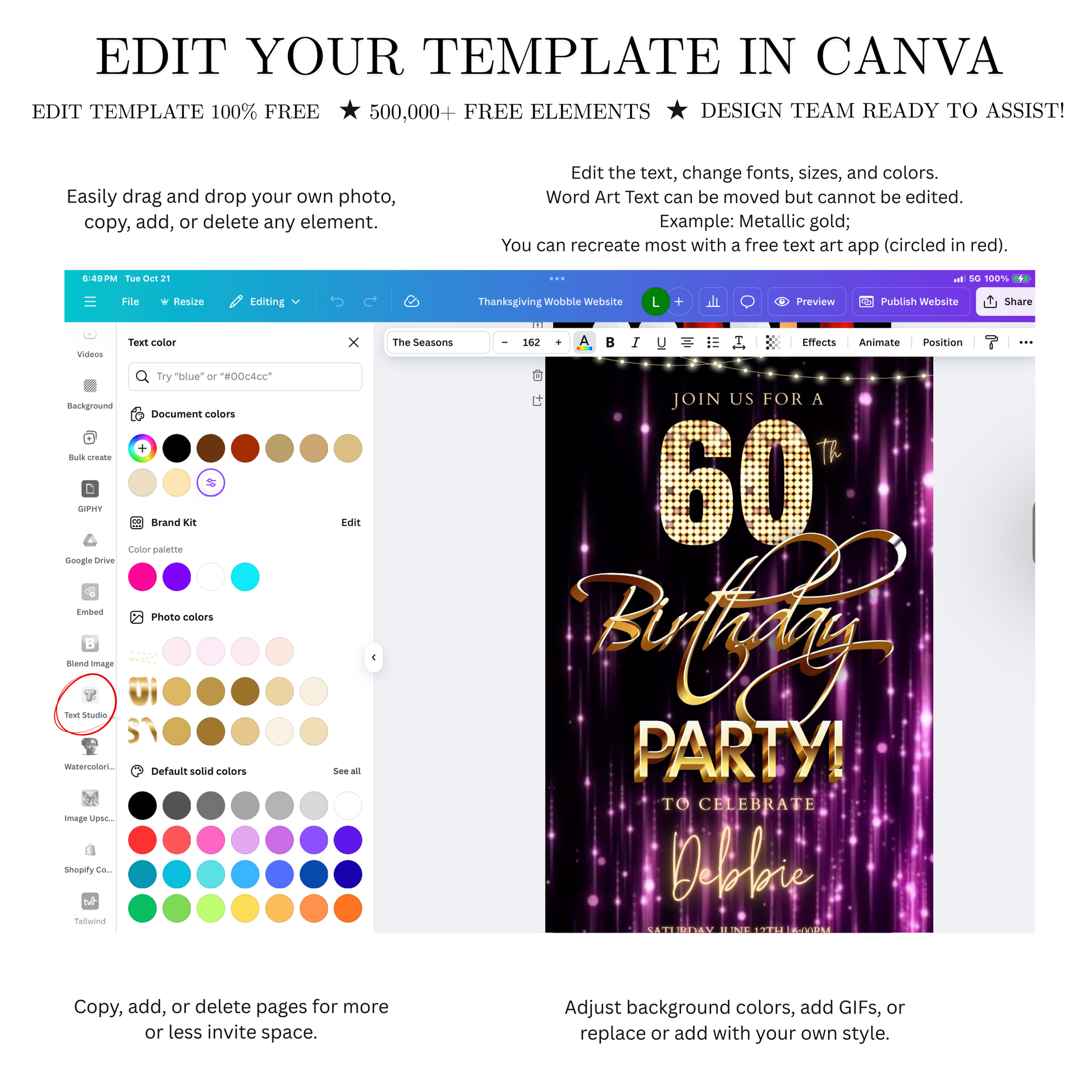 Editable purple gold glam 60th birthday birthday video invitation displayed on a mobile phone, featuring an animated vertical digital invite with music, created in Canva. This premium video invitation template is designed for sharing by text, email, and social media and works with an interactive RSVP website for easy guest response tracking.