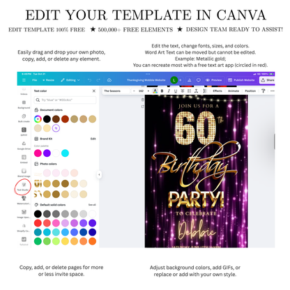 Editable purple gold glam 60th birthday birthday video invitation displayed on a mobile phone, featuring an animated vertical digital invite with music, created in Canva. This premium video invitation template is designed for sharing by text, email, and social media and works with an interactive RSVP website for easy guest response tracking.