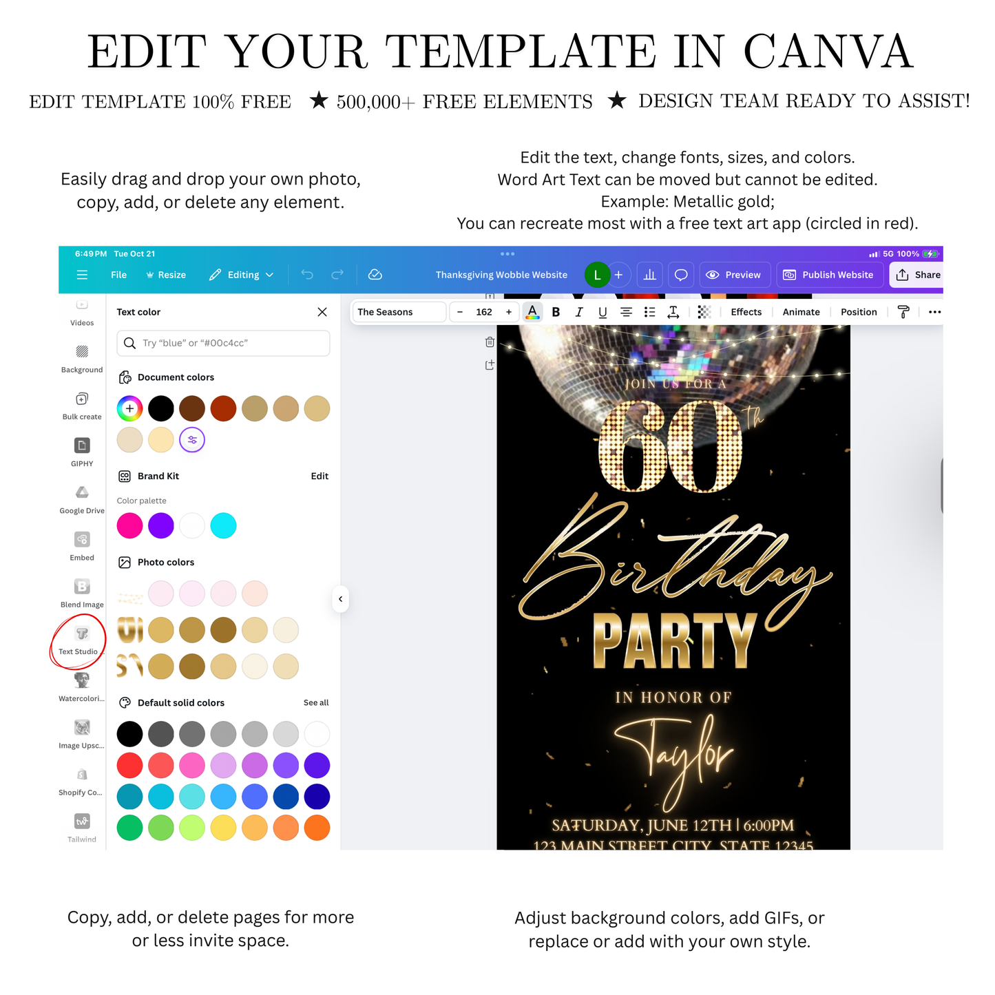Editable black gold disco 60th birthday birthday video invitation displayed on a mobile phone, featuring an animated vertical digital invite with music, created in Canva. This premium video invitation template is designed for sharing by text, email, and social media and works with an interactive RSVP website for easy guest response tracking.